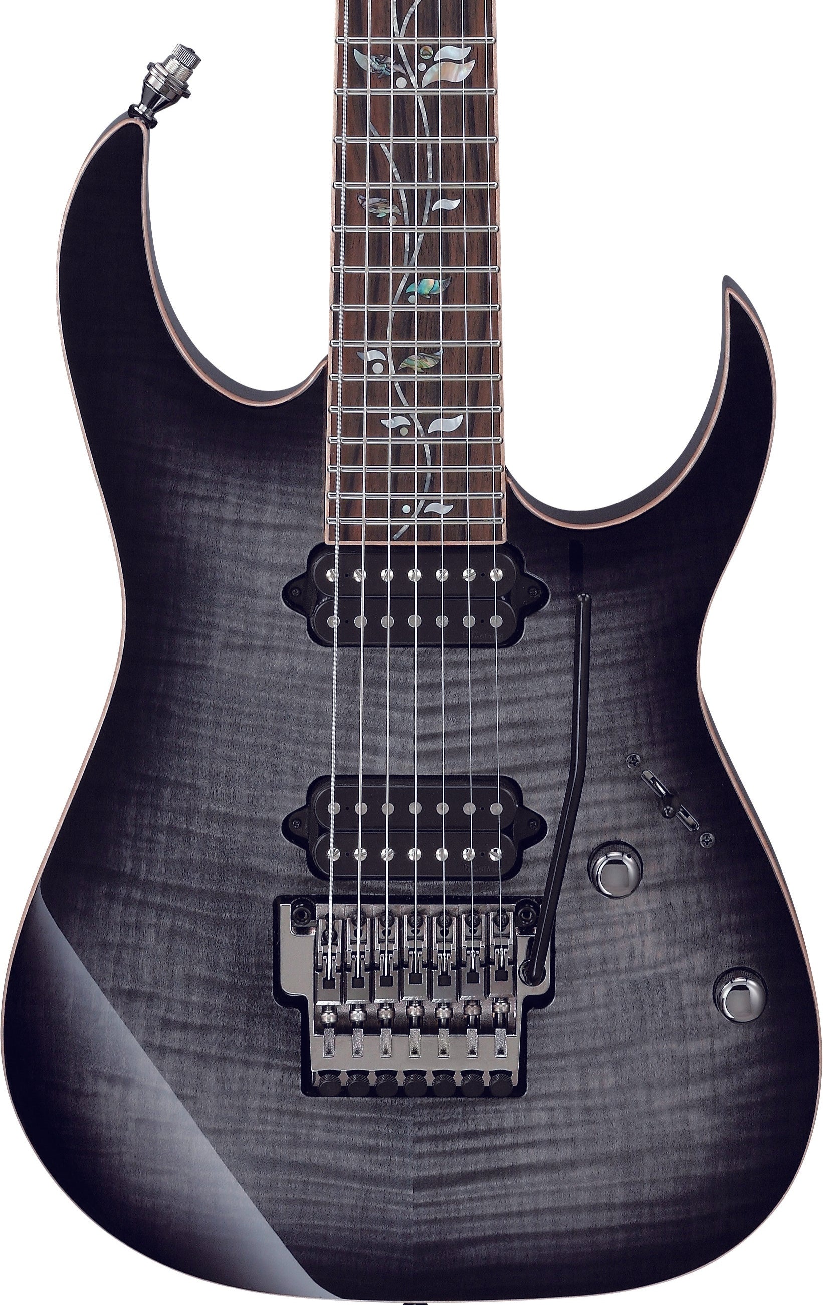 Black electric guitar with a glossy finish on a white background